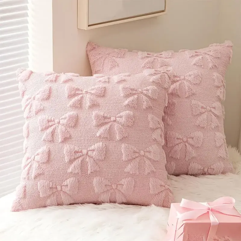 Bowknot Design Cushion Cover without Filler, 2 Counts Cute Plush Pillow Cover, Soft Throw Pillow Cover for Home Sofa Bed