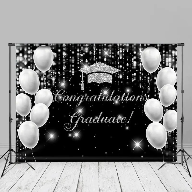 Silver Glitter Balloon Black Grad Backdrop For Photo - Aperturee