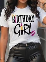 Women's Birthday Girl Letter Print Round Neck Graphic Tee, Vintage Trendy Casual Short Sleeve T-shirt for Daily Wear, Ladies ...