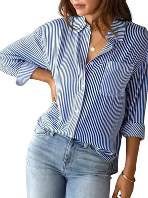【Modest Fashion】Women's Striped Print Button Front Shirt, Casual Lady Fitted Long Sleeve Collar Top with Pocket, Fashion ...