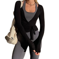 Y2k Ballet Pilates Wrap Top for Women Workout Yoga Dance Long Sleeve Wrap ShirtTie Front Going Out Crop Tops