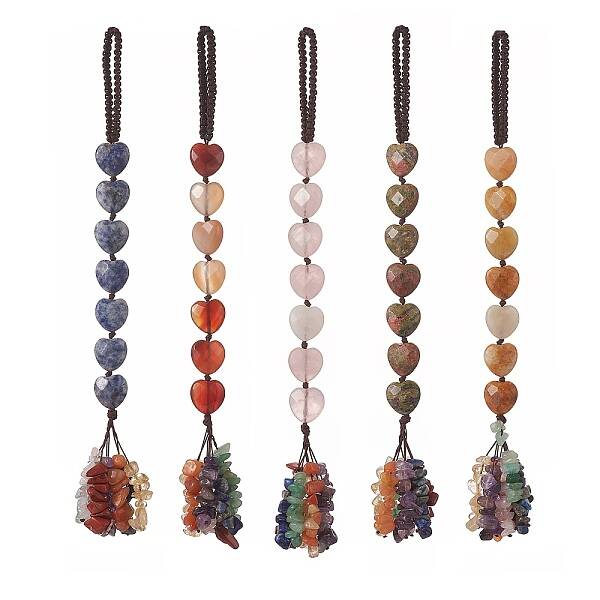 Heart Natural Gemstones & Mixed Stone Chips Tassel Pendant Decorations