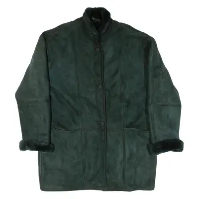 C&A Shearling Womens Overcoat Coat Green Leather XL
