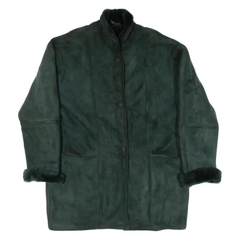 C&A Shearling Womens Overcoat Coat Green Leather XL