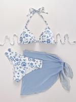 Three-Piece Set Women's Floral Print Bikini Set, Casual Halter Triangle Swim Bra & Swim Panty & Plain Knot Side Cover Up Skir...