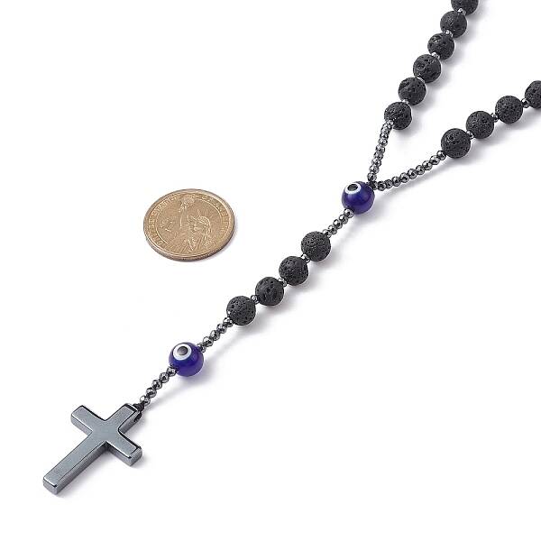Natural Lava Rock & Synthetic Hematite Rosary Bead Necklaces