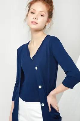 Long V-neck Cardigan - Marine | Size: XS