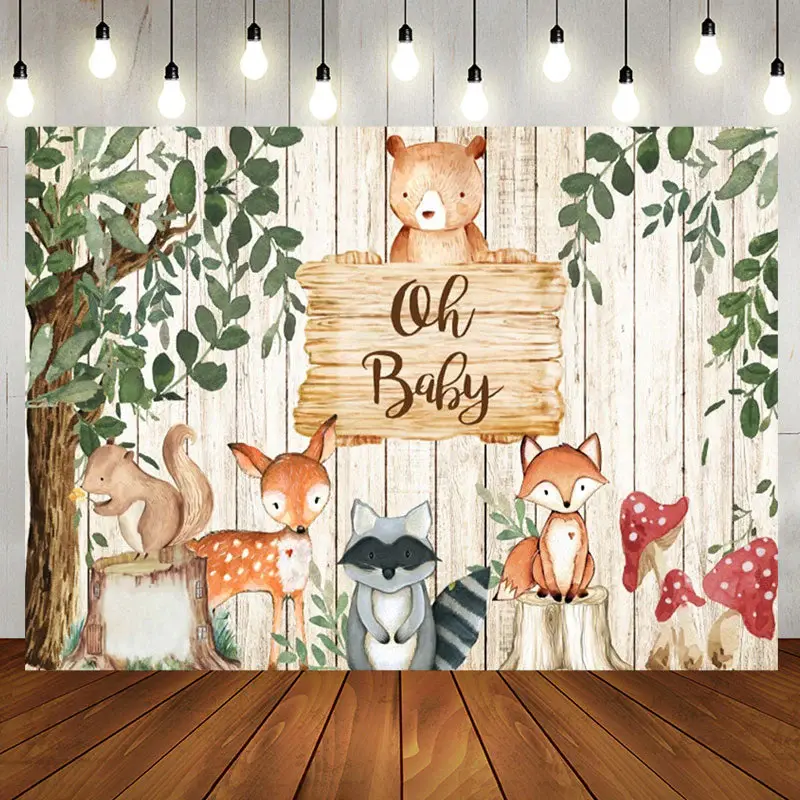 Wood Sign Animals Tree Leaves Baby Shower Backdrop - Aperturee
