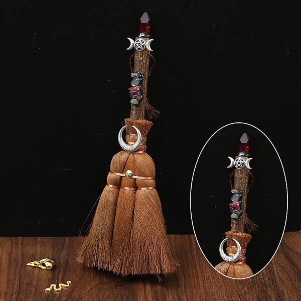 Wood Witch Broom with Synthetic Garnet Pendant Decorations