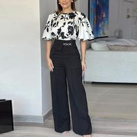 ChicMe Women's 2 Pieces Outfit Floral Print Round Neck Bell Sleeve Satin Top and Casual High Waist Wide Leg Work Pants Set