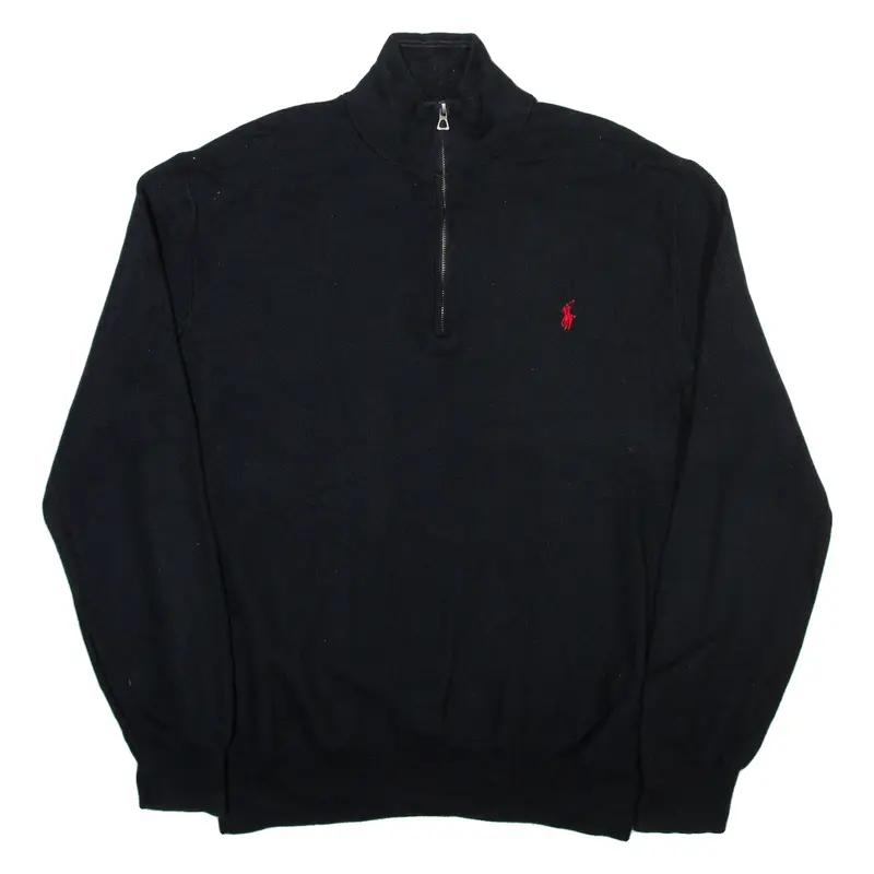 POLO RALPH LAUREN Pima Cotton Mens Jumper Black 1/4 Zip Tight Knit XL