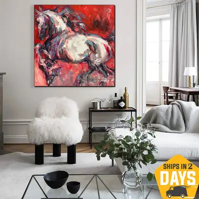 Original Horse Acrylic Painting Abstract Red Artwork Modern Animal Wall Art Decor for Home | FRISKY HORSE 39.37"x39.37&q...