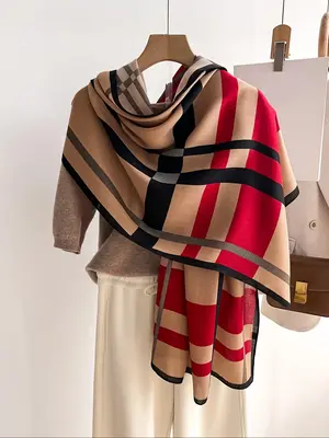 2024 New Style Plaid Pattern Scarf, Casual Soft Warm Long Shawl for Women & Men, Fashion Accessories for Daily Wear Dainty Gi...