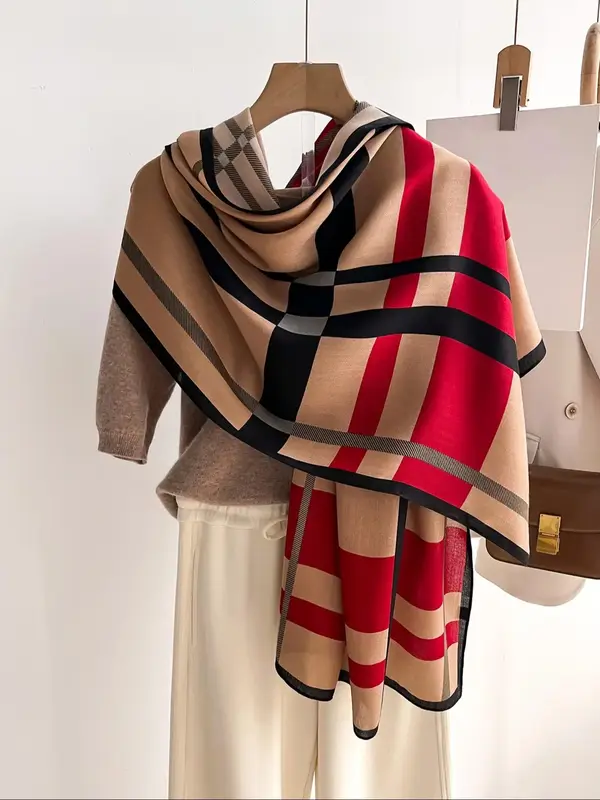 2024 New Style Plaid Pattern Scarf, Casual Soft Warm Long Shawl for Women & Men, Fashion Accessories for Daily Wear Dainty Gi...