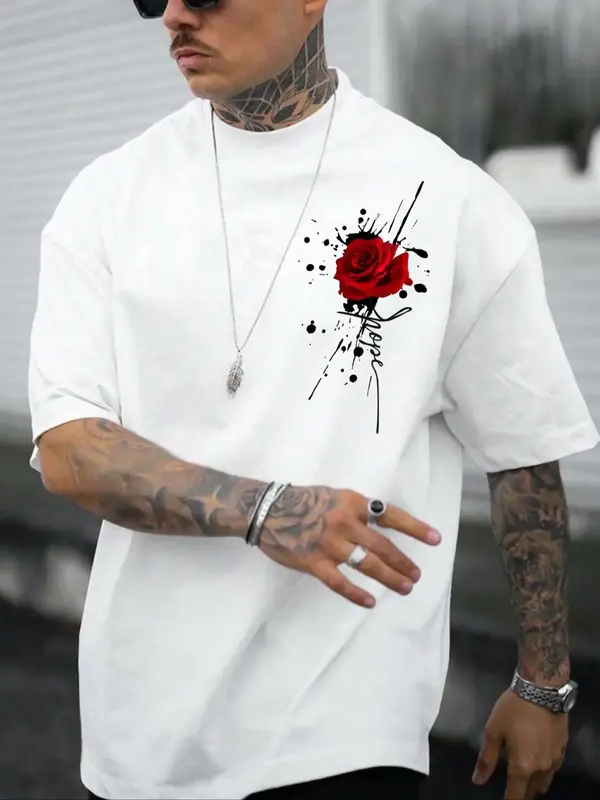Men's Rose Print Drop Shoulder Tee, Summer Clothes, Regular Fit Casual Street Half Sleeve Round Neck T-shirt For Summer, Men'...