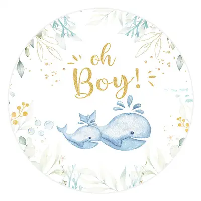 Aperturee Oh Boy Whale Green Leaves Round Backdrop For Baby Shower | Round Backdrop Fabric Cover | Circle Party Backdrop | Ro...