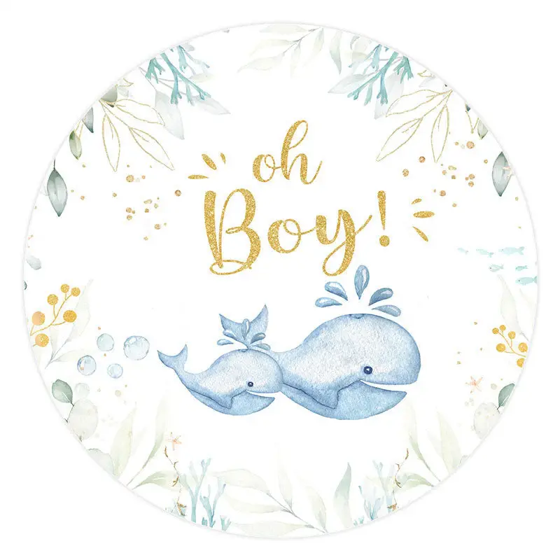 Aperturee Oh Boy Whale Green Leaves Round Backdrop For Baby Shower | Round Backdrop Fabric Cover | Circle Party Backdrop | Ro...