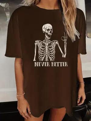 Women's Halloween Themed Skeleton & Letter Print Drop Shoulder Tee, Graphic Tees, Casual Half Sleeve Round Neck T-shirt, Fa...