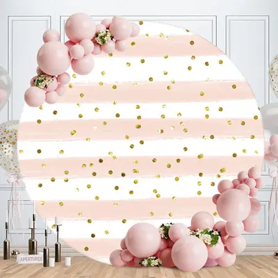Aperturee Pink And White Stripes Round Gold Birthday Backdrop