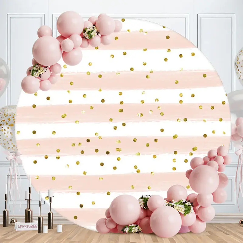 Aperturee Pink And White Stripes Round Gold Birthday Backdrop