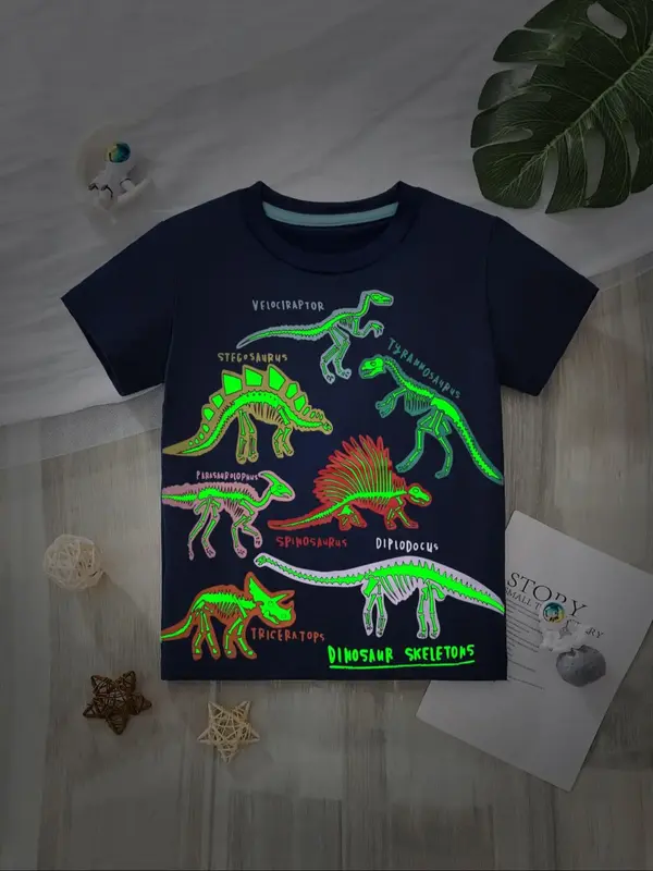 Dinosaur Letter Print Glow in The Dark Short Sleeve Tee, Casual Creative Round Neck T-shirt for Day & Night Wear, Kids Cloth...