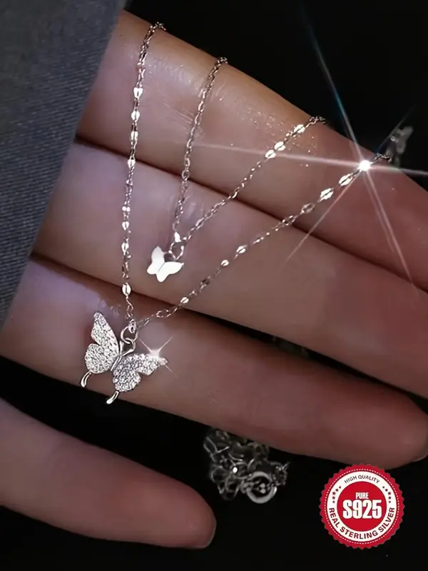 S925 Sterling Silver Butterfly Design Necklace with Box, Rhinestone Decor Pendant Necklace for Women for Party, Daily Decor, ...