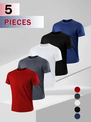 5pcs Men's Solid Color Quick Dry Ultra-thin Breathable ShortSleeve Crew Neck Comfortable T Shirt Suitable for GymFitness Trai...