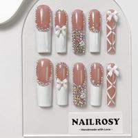 Long Square Fake Nail, 10pcs/set Glitter Rhinestone Decor Fashion Press on Nails for Women & Girls Diy Nail Art, Elegant Stic...