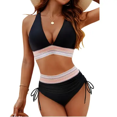 Blooming Jelly Women High Waisted Bikini Sets Tummy Control Swimsuits Color Block Two Piece Drawstring Bathing Suit #Septembe...