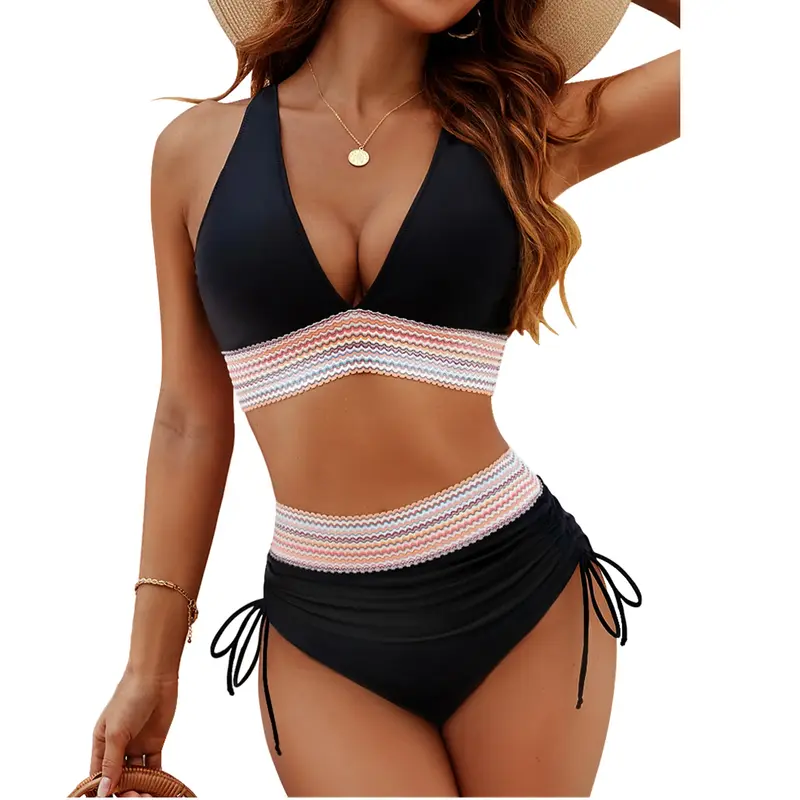 Blooming Jelly Women High Waisted Bikini Sets Tummy Control Swimsuits Color Block Two Piece Drawstring Bathing Suit #Septembe...