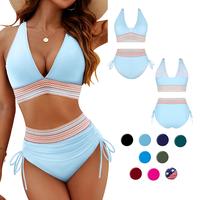 Blooming Jelly Women High Waisted Bikini Sets Tummy Control Swimsuits Color Block Two Piece Drawstring Bathing Suit