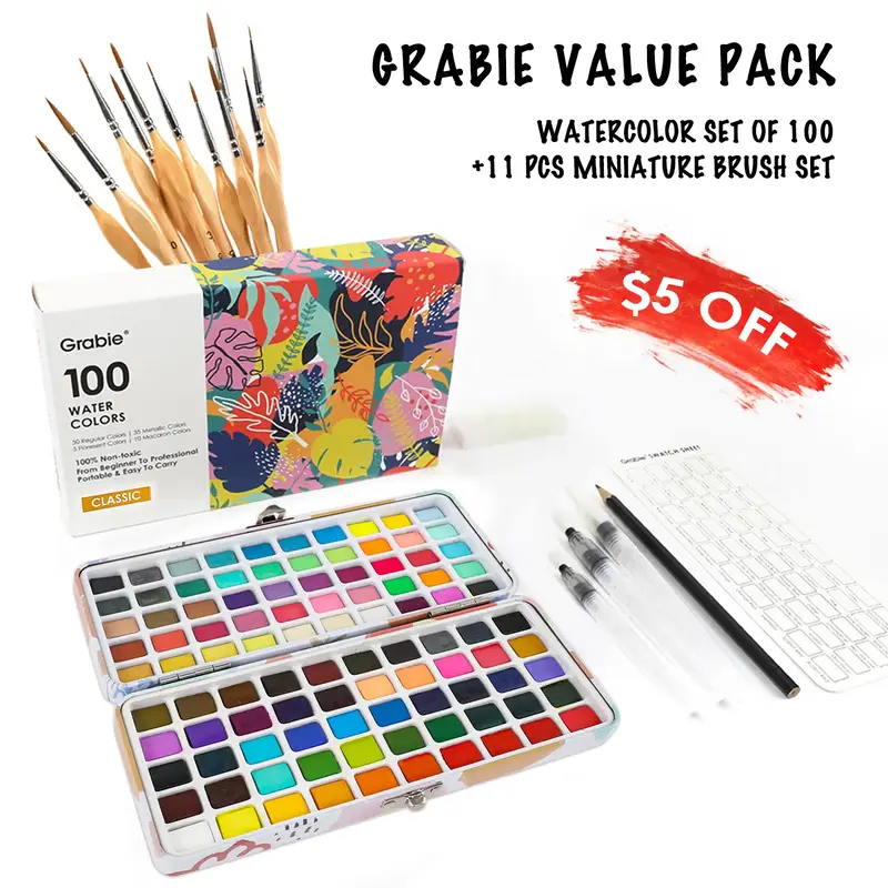 Grabie Value Pack - Watercolor Set of 100 + 11 Pcs Miniature Brush Set, TikTokShopRestock, FallFreshness