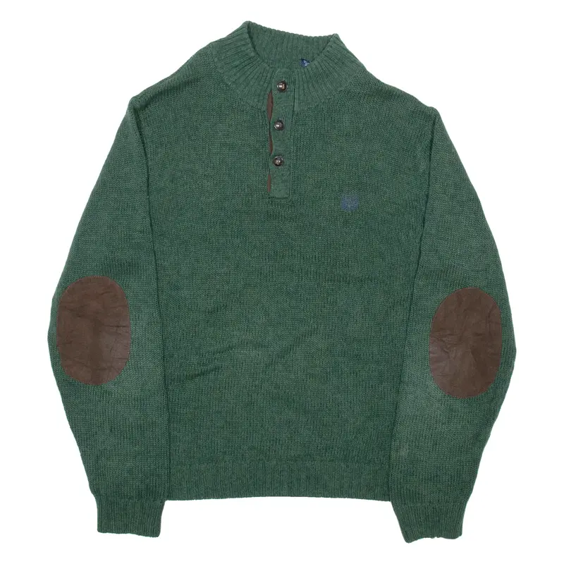 CHAPS Mens Jumper Green Button Neck Tight Knit Wool XL