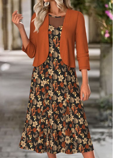 Modlily Terracotta Tummy Coverage Floral Print Dress and Cardigan - XL