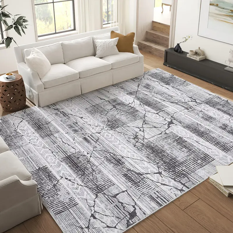 Garvee Boho Light Grey 8x10 Large Living Room Rugs Washable, Geometric Marble Boho Area Rugs for Bedroom Ultra Thin Non-Slip ...