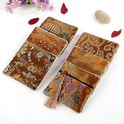 Square Chinese Style Brocade Zipper Bags with Tassel