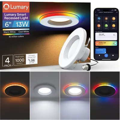 Lumary Smart RGBAI Can Light with Gradient Accent Night Light 6 inch 13W 1000lm, 4 pcs