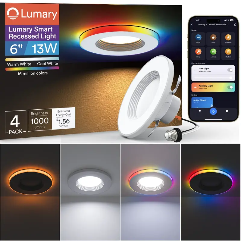 Lumary Smart RGBAI Can Light with Gradient Accent Night Light 6 inch 13W 1000lm, 4 pcs