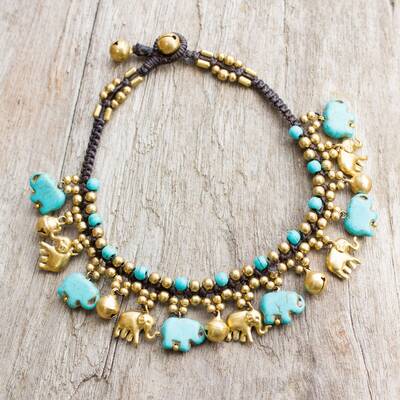 NOVICA Blue & Gold Beaded Elephant Anklet