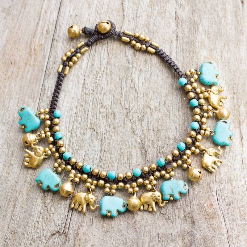 NOVICA Blue & Gold Beaded Elephant Anklet