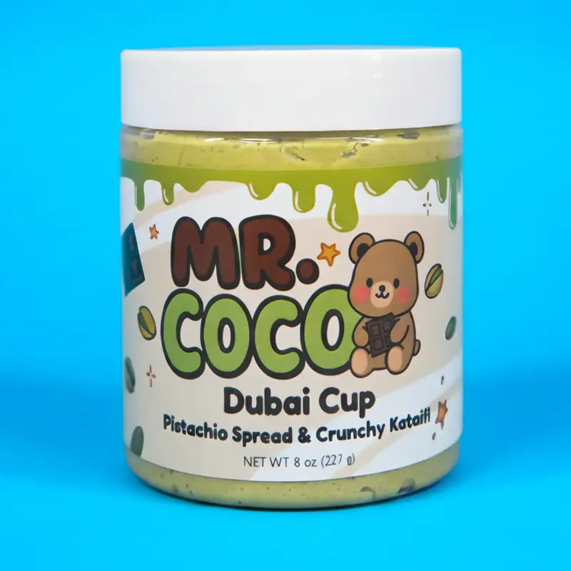 Mr. Coco Dubai Cup – Pistachio Cream + Tahini & Crunchy Kataifi - 8oz Jar - 3 Flavors: Classic, Hazelnut, Matcha