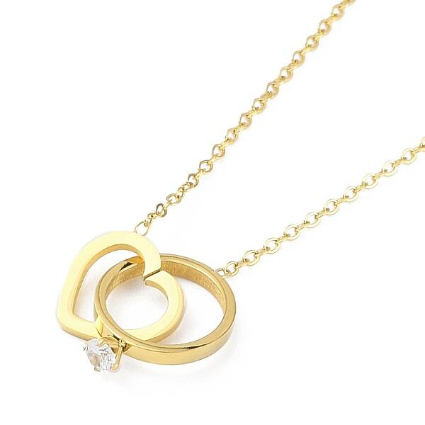 Ion Plating(IP) 304 Stainless Steel Pave Clear Cubic Zirconia Heart & Ring Pendant Necklaces for Women