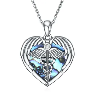 Sterling Silver Heart Abalone Shellfish Angel Wing Caduceus Pendant Necklace For Women