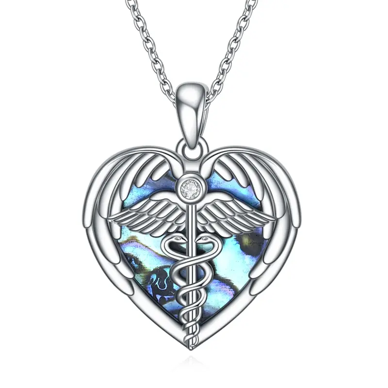 Sterling Silver Heart Abalone Shellfish Angel Wing Caduceus Pendant Necklace For Women