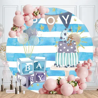 Aperturee Blue And White Stripes Round Boys Baby Shower Backdrop