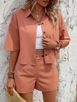 Women's Solid Button Front Shirt & Pocket Shorts Two-piece Set, Casual Drop Shoulder Half Sleeve Top & Wide Leg Shorts for Da...