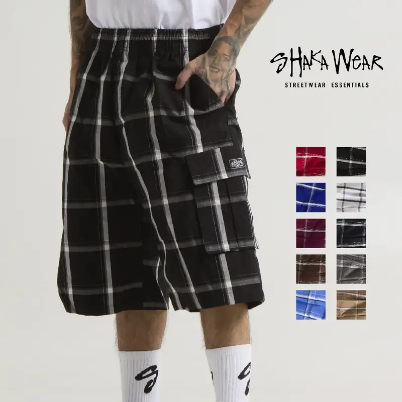 SHAKAWEAR Men's Checker Shorts Loose Fit Shaka Wear Plaid Shorts Casual Cargo Shorts Stretch Shorts 6 Pockets Drawstrings Hip...