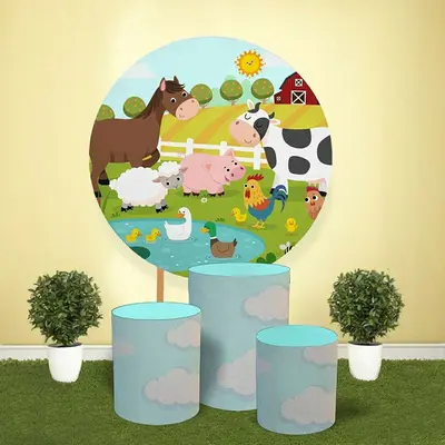 Aperturee Circle Animals Farm House Kids Birthday Party Backdrop Kit | Circle Party Backdrop | Round Birthday Backdrop Cover ...
