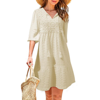 Dokotoo Womens Ladies Elegant Summer Dresses for Women 2025 Short Sleeve Crewneck Drawstring Embroidered Boho Dresses Loose C...