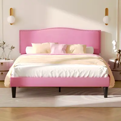 VECELO Pink Bed Frame Platform Bed Frame with Upholstered Headboard, Strong Frame and Wooden Slats Support, Strong Weight Cap...